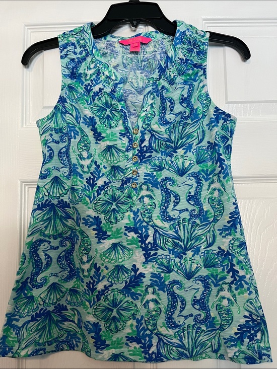 Lilly Pulitzer Tops - Lilly Pulitzer Blue & Green Seahorse and Mermaid Henley Tank